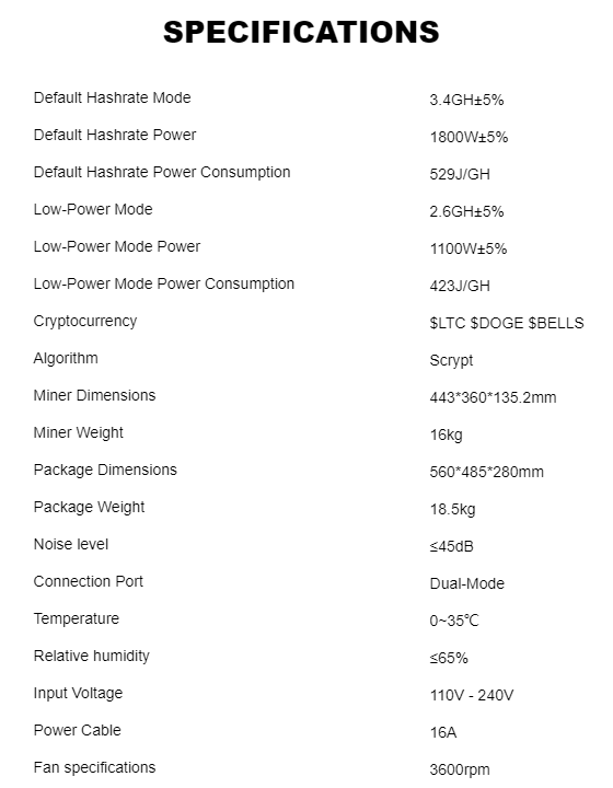 Goldshell E-DG1M 3400M 1000W LTC Doge Bells Miner