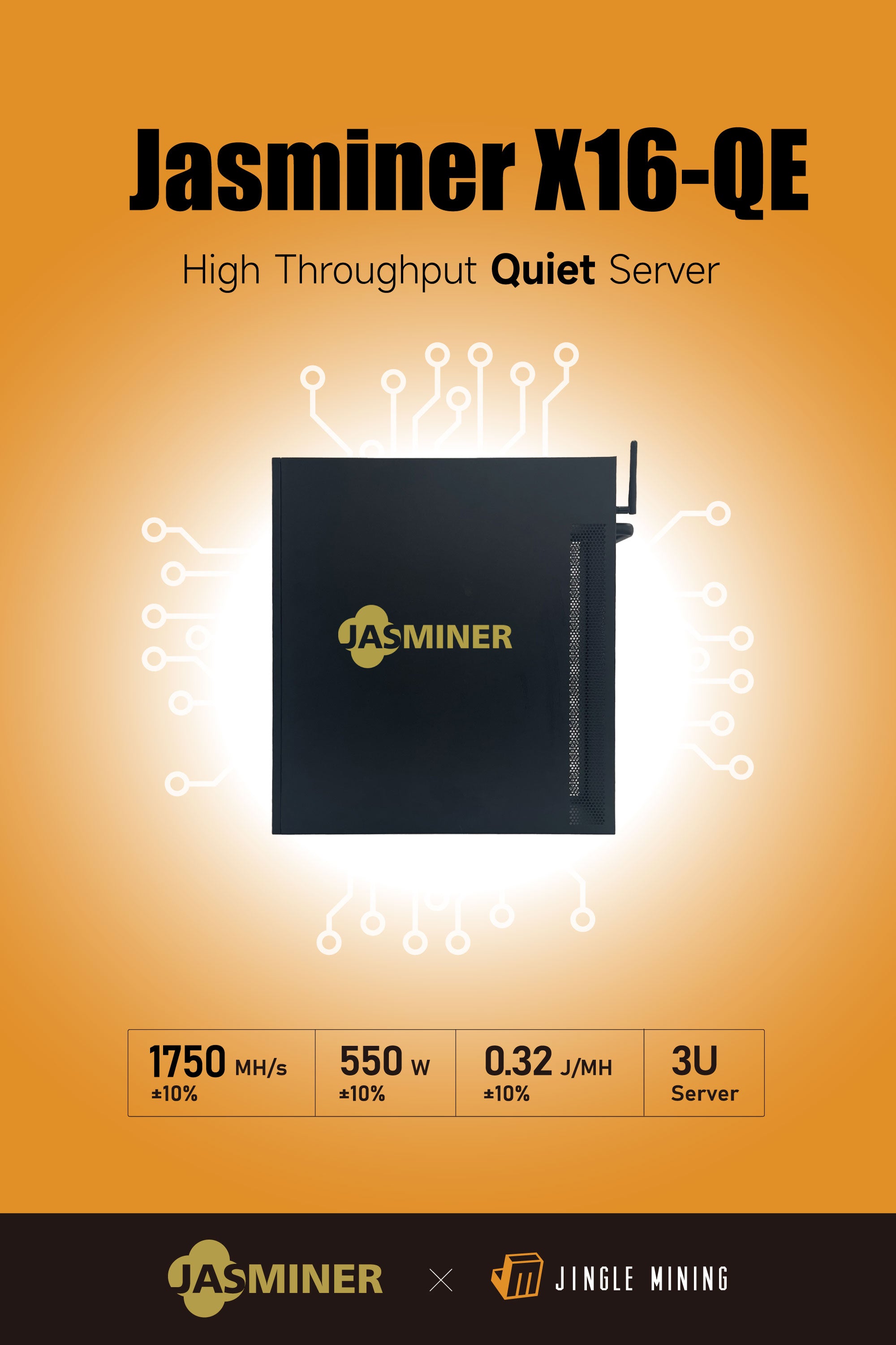 【New】JASMINER X16-QE High throughput 3U quiet server Wi-Fi (1750MH/RAM 6GB)